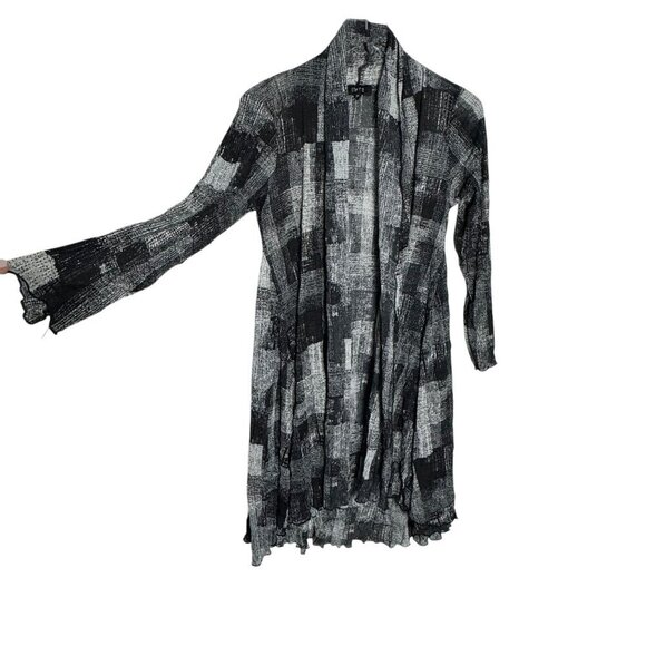 Comfy USA long cardigan duster Black white print mesh size small 3/4 sleeves - Picture 2 of 7